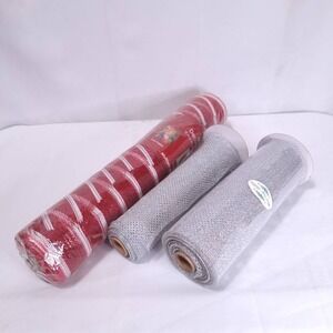3 Decorative Mesh Ribbon 18in Red& 10in Silver Glitter Xmas Gift‎ Holiday